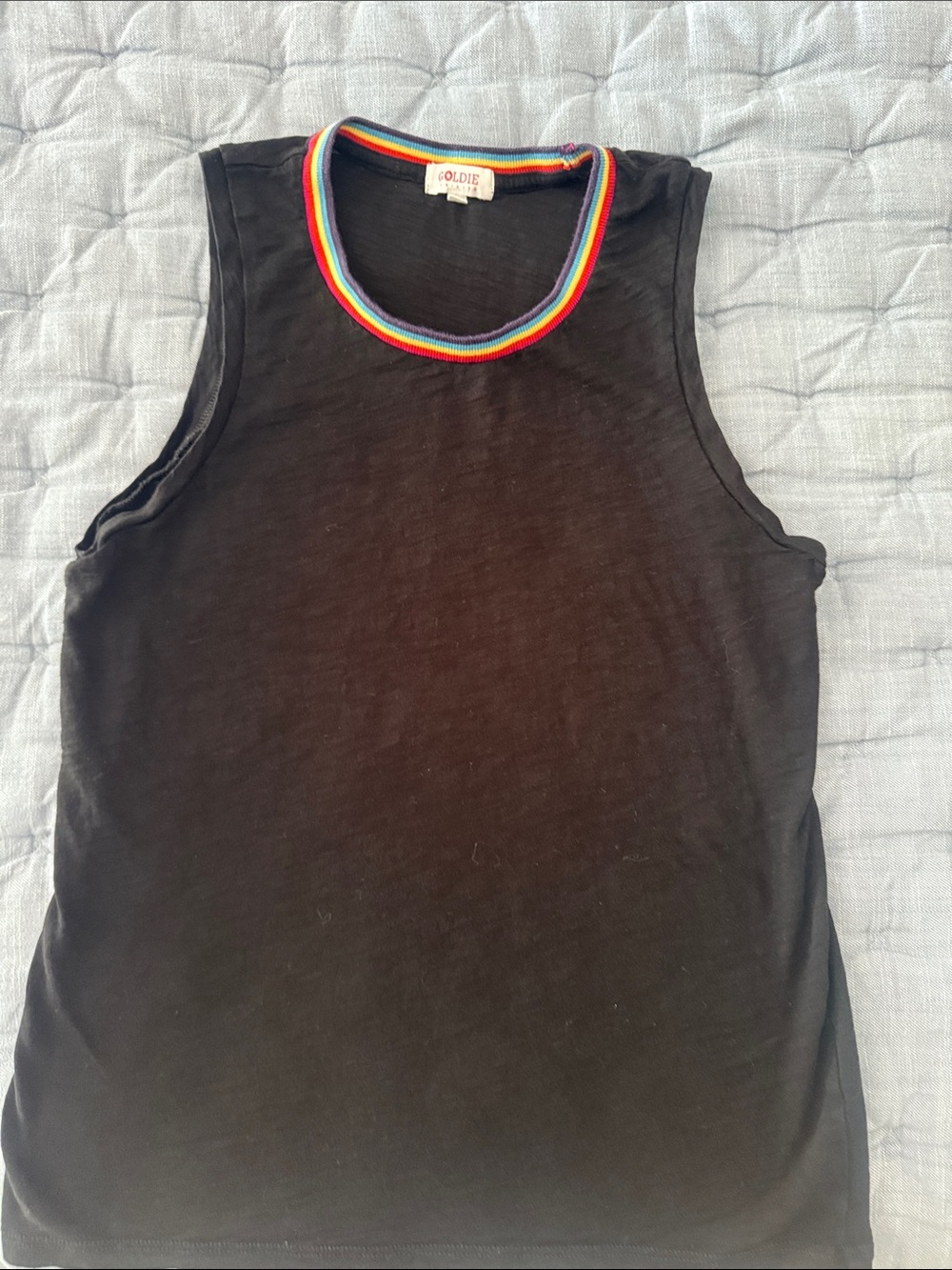 Goldie Black Tank with Rainbow Ribbed Trim